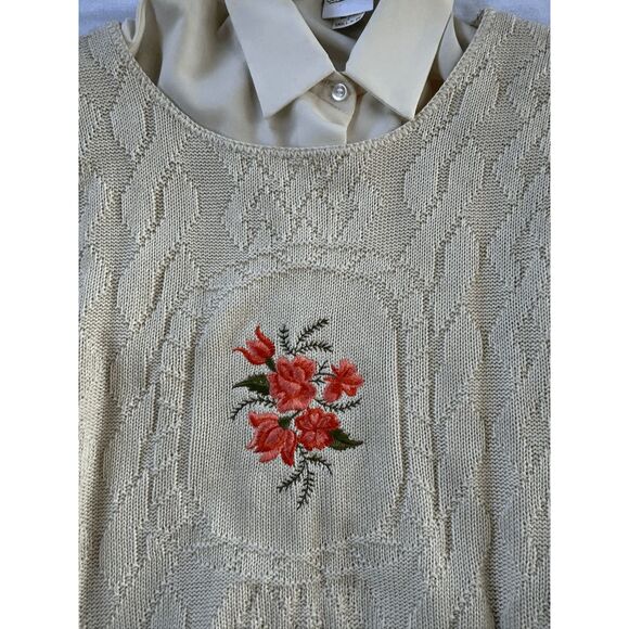 Vintage Bobby Brooks Button Down Dress Shirt w/ Knit Flower Vest, Size S, Cream - Picture 5 of 9